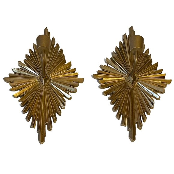 RARE MCM Hollywood Syroco Wood Gold Starburst Wall Sconces with Wood Candles - Picture 2 of 9